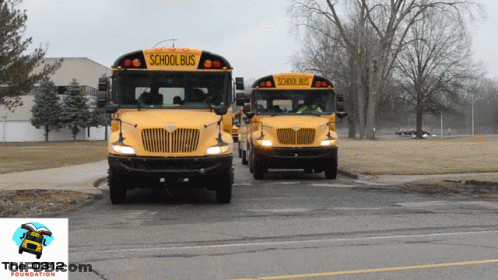 Two Yellow School Buses Are Parked On The Side Of A Road GIF