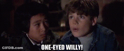 Two Young Boys Are Sitting Next To Each Other And One Of Them Is Saying `` One Eyed Willy '' . GIF