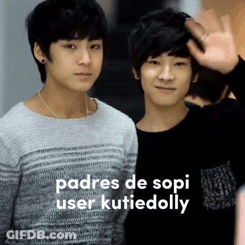 Two Young Boys Are Standing Next To Each Other And The Words Padres De Sopi User Kutiedolly Are Visible GIF