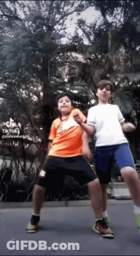 Two Young Boys Are Standing Next To Each Other In A Park And Dancing . GIF