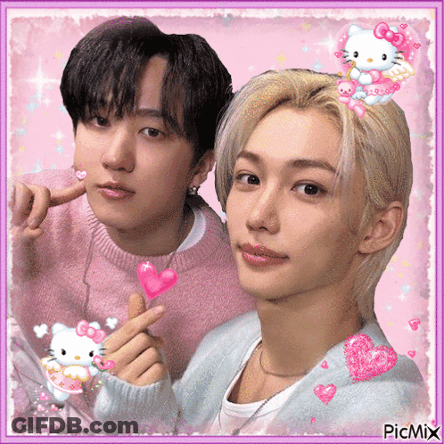 Two Young Men Are Posing For A Picture With A Hello Kitty On Their Head . GIF
