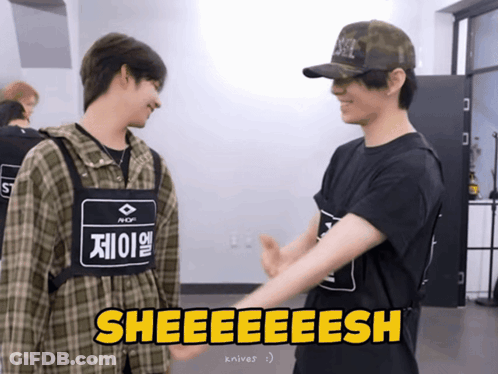 Two Young Men Are Standing Next To Each Other With The Words Sheeeeeesh Written In Yellow GIF