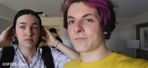 Two Young Men Purple Hair And Yellow Shirt GIF