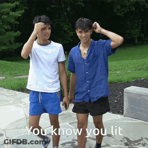 Two Young Men Standing Next To Each Other With The Words " You Know You Lit " Above Them GIF