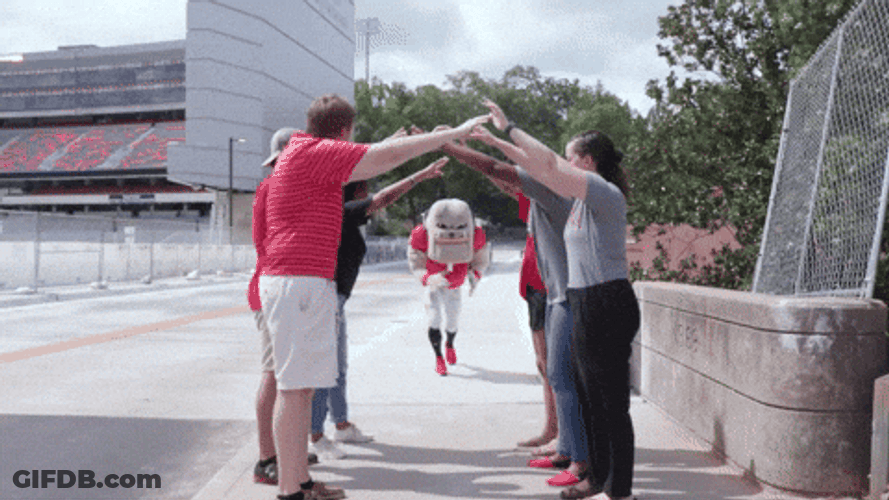 Uga Mascot Hairy Dawg Passing Between People GIF