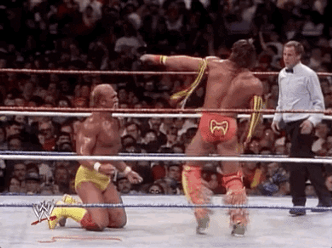 Ultimate Warrior Hitting Hulk Hogan GIF