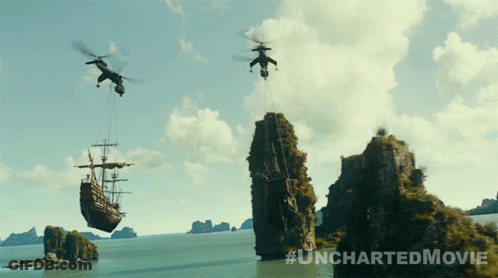 Uncharted Movie Helicopters Lifting Ship GIF