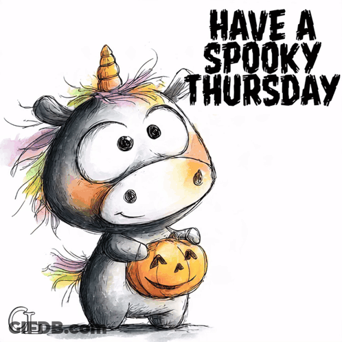 Unicorn Holding Pumpkin Saying Have A Spooky Thursday GIF