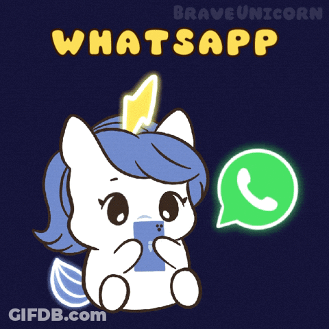 Unicorn Looking At Phone Next To WhatsApp Icon GIF