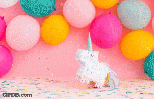 Unicorn Piñata With Balloons And Confetti GIF