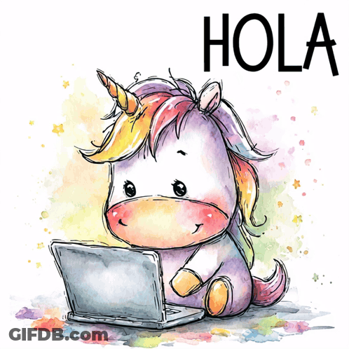 Unicorn Sitting In Front Of Laptop Saying Hola GIF