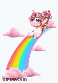 Unicorn Sitting On Rainbow With Pink Clouds GIF