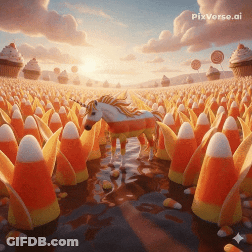 Unicorn Surrounded By Candy Corn GIF