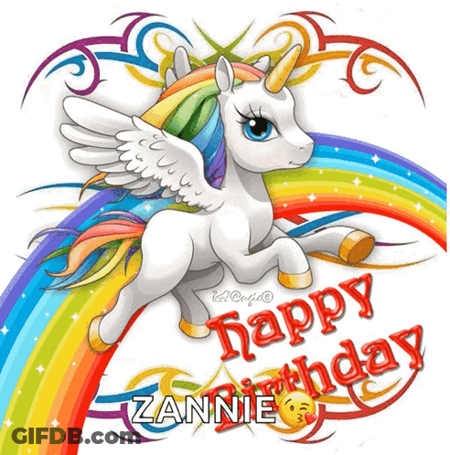 Unicorn With Rainbow Saying Happy Birthday Zaanie GIF