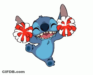 Upside Down Stitch Holding Red And White Pom Poms GIF