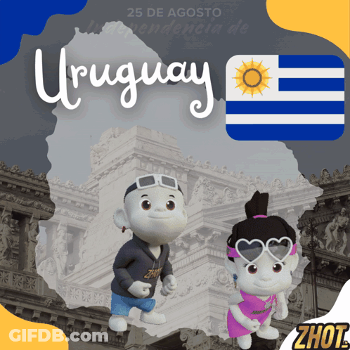 Uruguay Poster With Two Stuffed Animals And Flag GIF