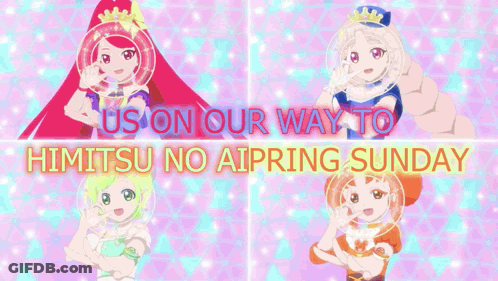 Us On Our Way To Himitsu No Aipring Sunday Is Written On A Colorful Graphic GIF