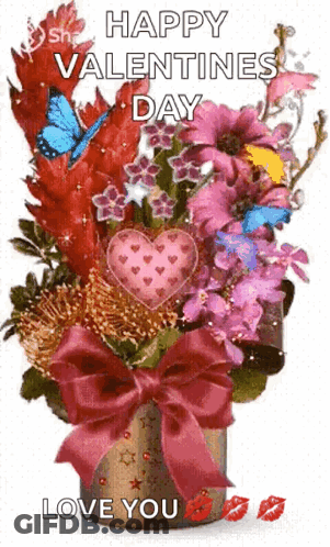 Valentine's Day Card With Vase Of Flowers And Butterflies GIF