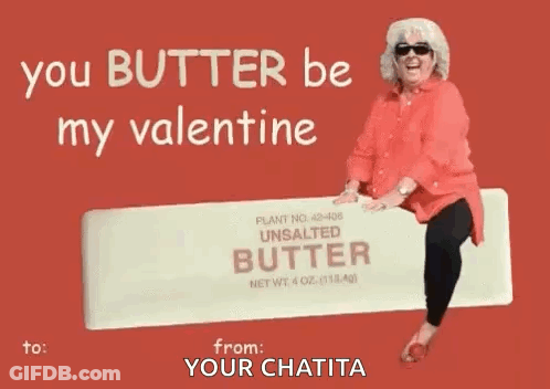 Valentine's Day Card With Woman Sitting On Stick Of Butter GIF