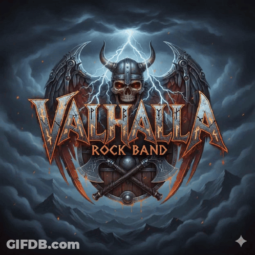 Valhalla Rock Band Logo With Skull And Axe GIF