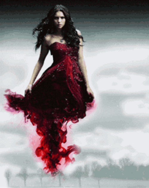 Vampire Diaries Katherine Pierce Floating In Red Dress Wallpaper GIF