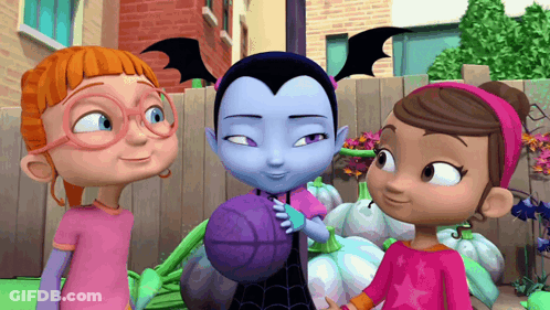 Vampire Holding Purple Ball With Two Girls GIF
