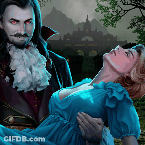 Vampire Holding Woman With Castle Background GIF