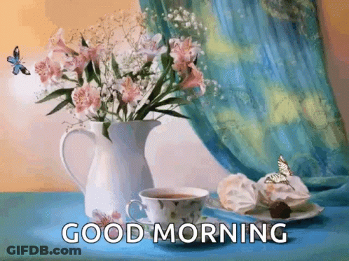 Vase Of Flowers And Tea Cup Good Morning GIF