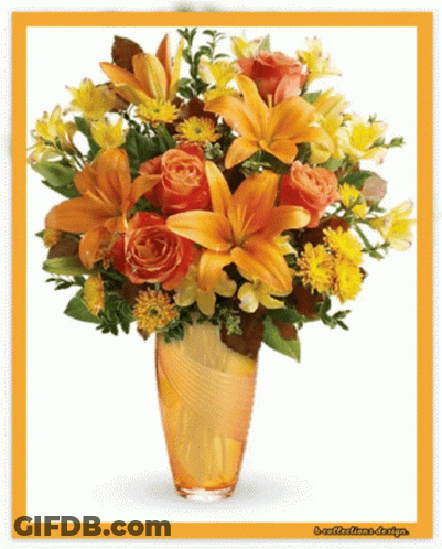 Vase Of Orange And Yellow Flowers With Yellow Border GIF