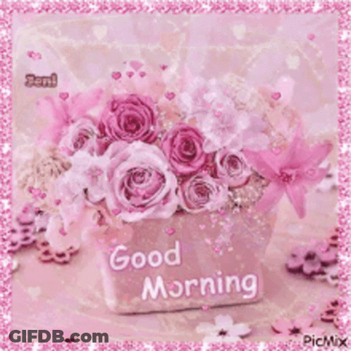 Vase Of Pink Roses Saying Good Morning GIF