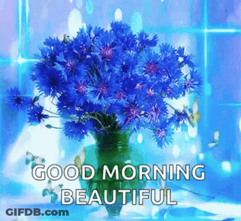 Vase With Blue Flowers And Good Morning Beautiful GIF
