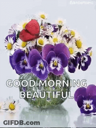 Vase With Purple Flowers Daisies Good Morning Beautiful GIF