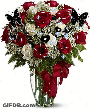 Vase With Red And White Roses Hearts And Butterflies GIF