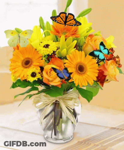 Vase With Yellow And Orange Flowers And Butterflies GIF
