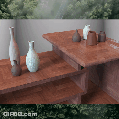 Vases On Wooden Table With Trees GIF