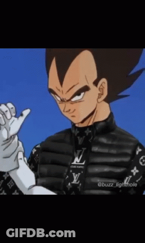 Vegeta From Dragon Ball Z Is Wearing A Black Jacket With Louis Vuitton On It . GIF