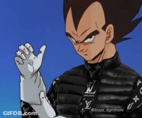 Vegeta From Dragon Ball Z Wearing A Louis Vuitton Jacket And Gloves GIF