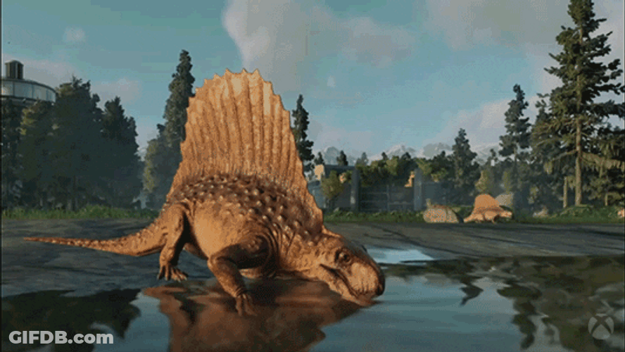 Velociraptor Dimetrodon Drinking Water In Lake GIF