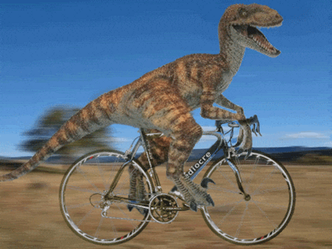 Velociraptor Riding Bike In Desert GIF