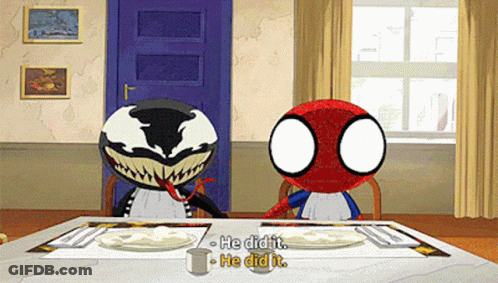 Venom And Spider-Man Sitting At Table Talking GIF