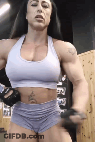 Very Muscular Woman Crop Top And Shorts Gym GIF