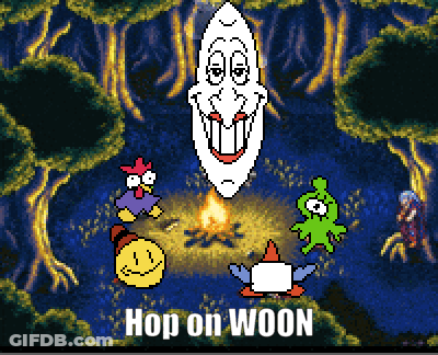 Video Game Cartoon Characters Around Campfire With Words Hop On Woon GIF