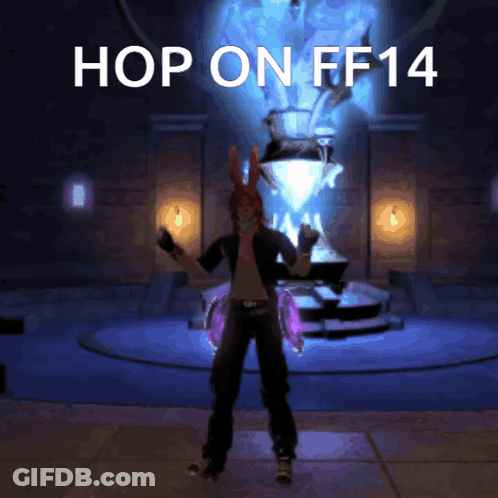 Video Game Character Dancing At Fountain Saying Hop On FF14 GIF