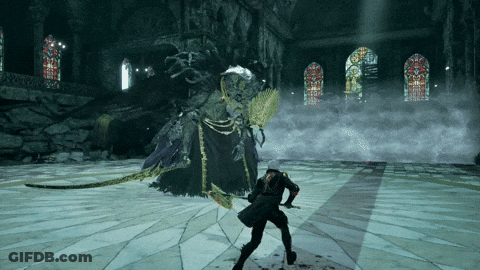 Video Game Character Fighting Monster In Stained Glass Church GIF
