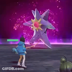 Video Game Character Fighting Purple Star With Yellow Center GIF