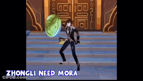 Video Game Character Holding Green Object Says Zhongli Need Mora GIF