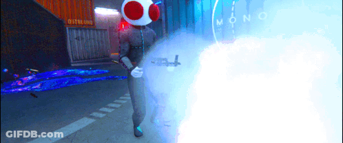 Video Game Character Holding Gun In Front Of Mono Sign GIF