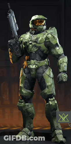 Video Game Character Holding Gun In Green Armor GIF