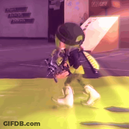 Video Game Character Holding Gun Walking On Yellow Carpet GIF