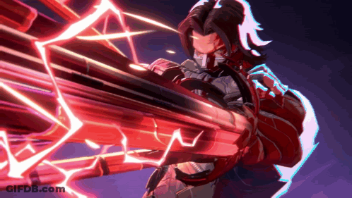 Video Game Character Holding Large Red Weapon GIF